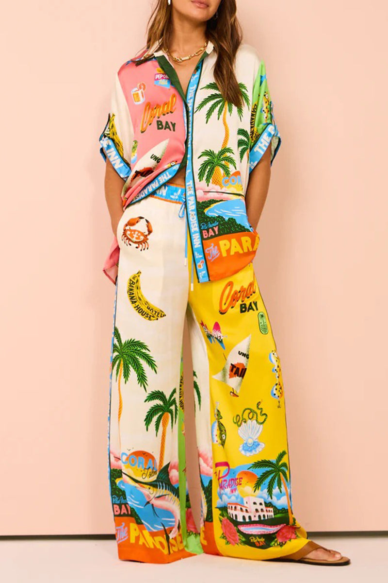 Daily Tropical Print Patchwork Contrast Turndown Collar Short Sleeve Two Pieces