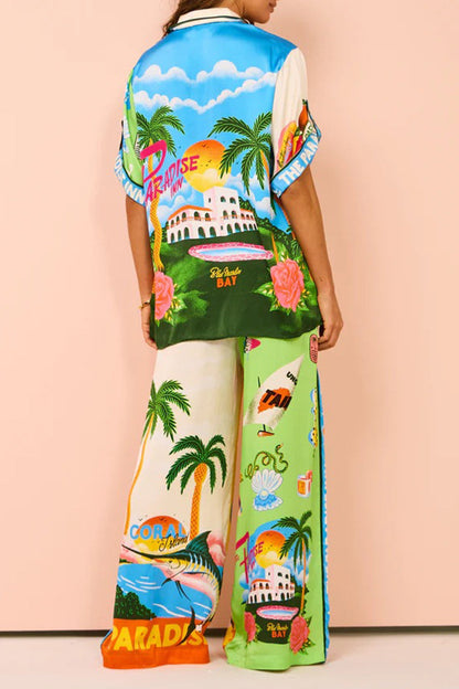 Daily Tropical Print Patchwork Contrast Turndown Collar Short Sleeve Two Pieces