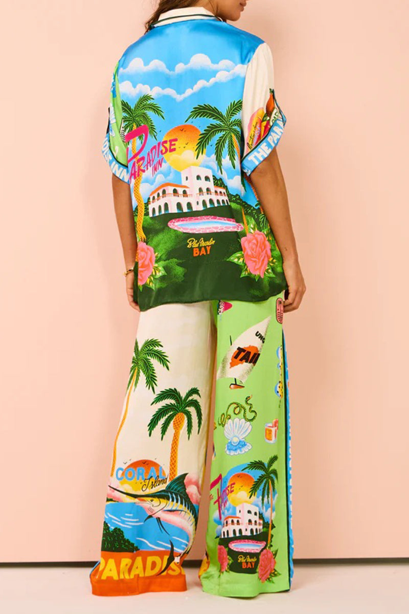 Daily Tropical Print Patchwork Contrast Turndown Collar Short Sleeve Two Pieces