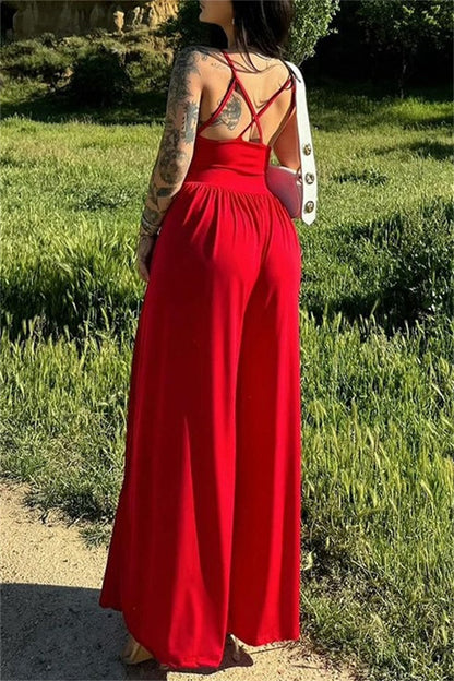 Color Backless Spaghetti Strap Bodycon Jumpsuits
