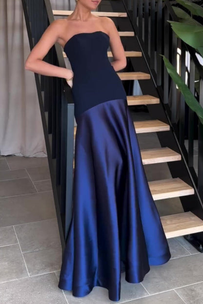 Formal Patchwork Backless Contrast Strapless Long Dresses