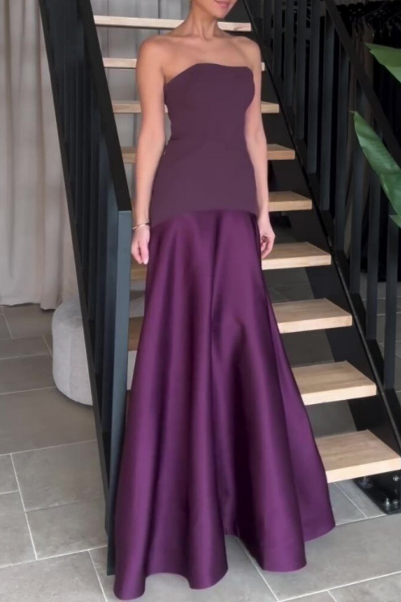 Formal Patchwork Backless Contrast Strapless Long Dresses