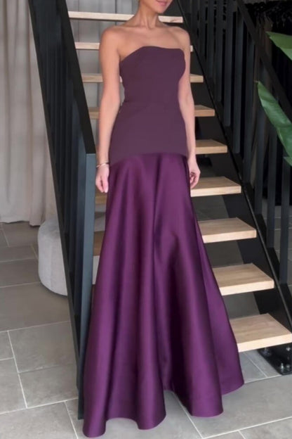 Formal Patchwork Backless Contrast Strapless Long Dresses