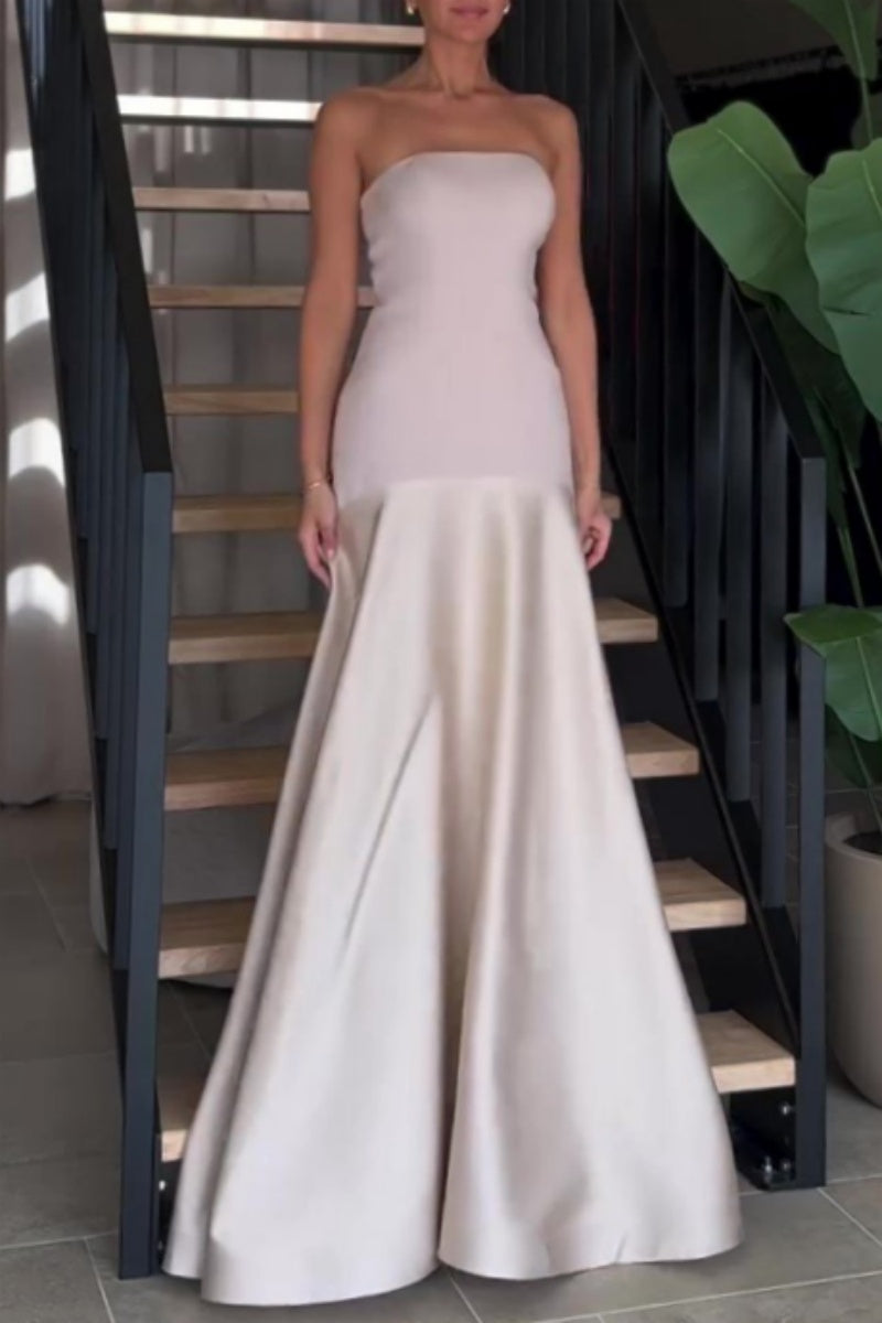 Formal Patchwork Backless Contrast Strapless Long Dresses
