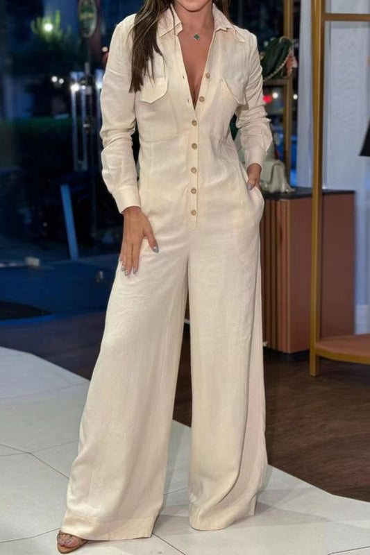 Color Pocket Turndown Collar Regular Jumpsuits