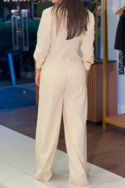 Color Pocket Turndown Collar Regular Jumpsuits
