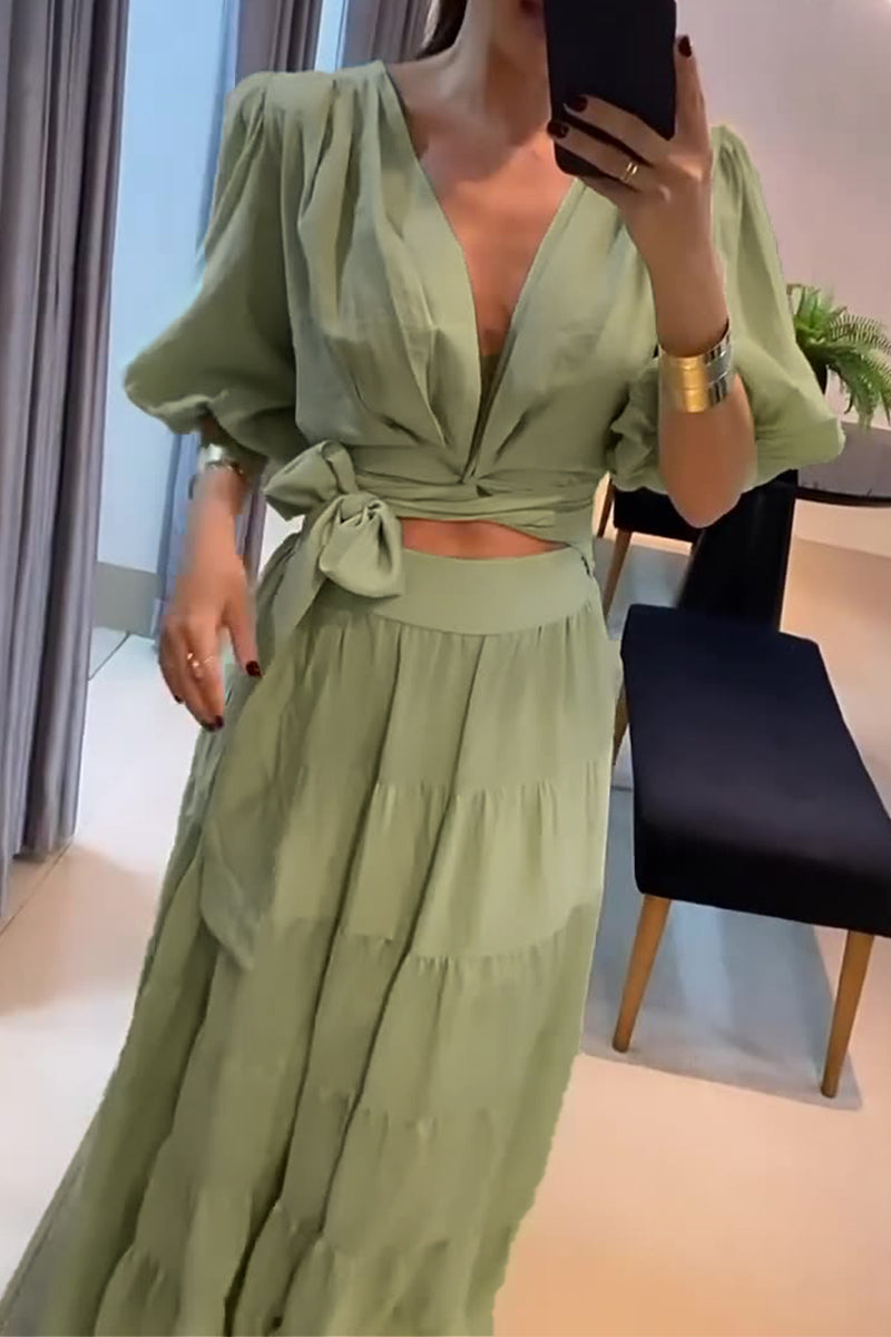 Daily Color Lace Up Ruched V Neck Half Sleeve Two Pieces