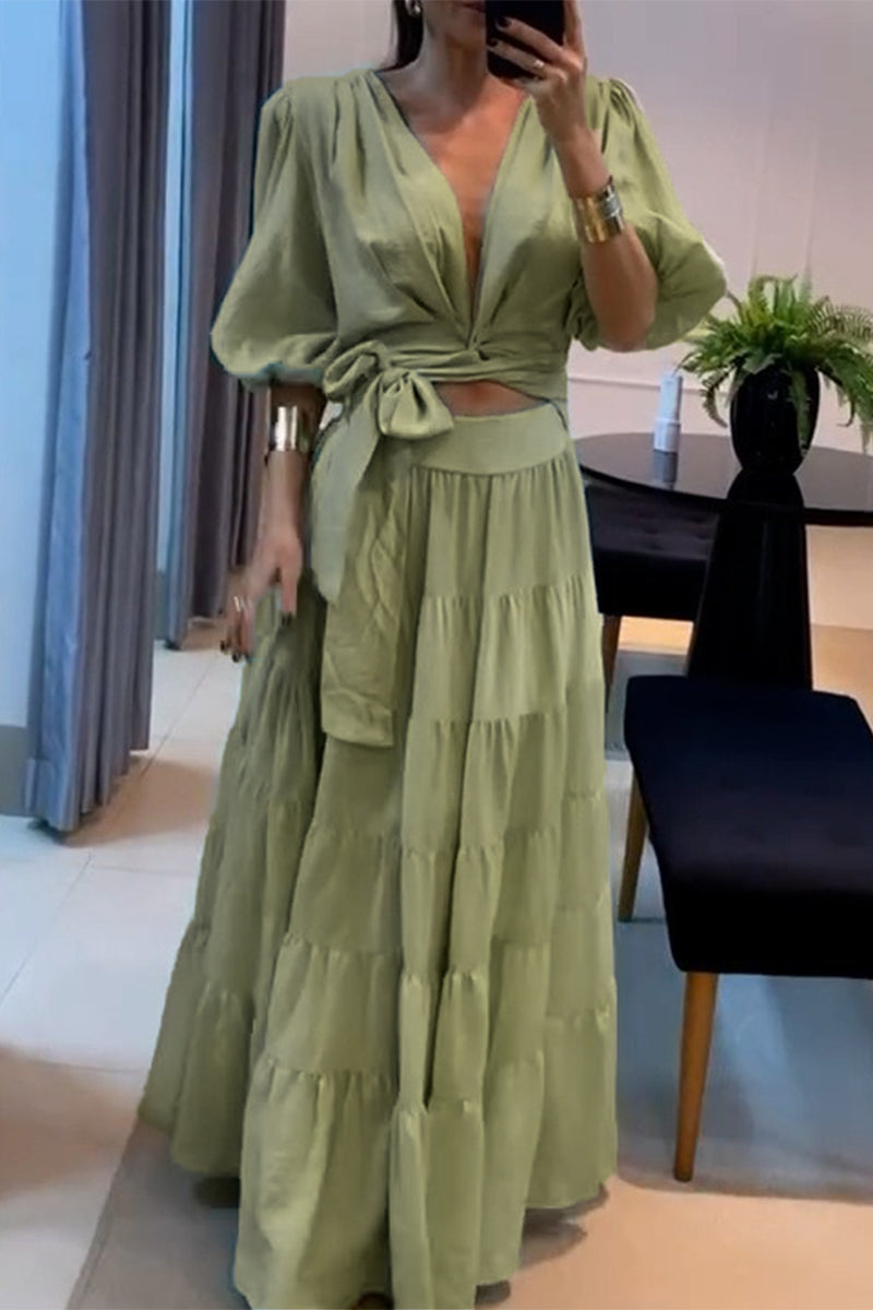 Daily Color Lace Up Ruched V Neck Half Sleeve Two Pieces
