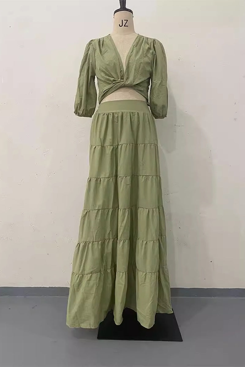 Daily Color Lace Up Ruched V Neck Half Sleeve Two Pieces