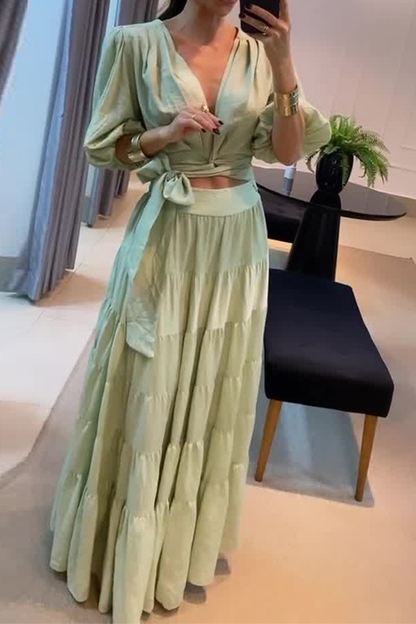 Daily Color Lace Up Ruched V Neck Half Sleeve Two Pieces