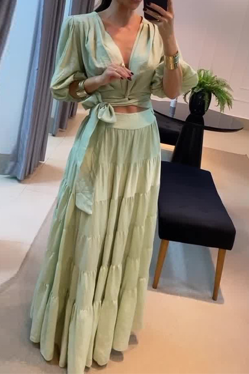 Daily Color Lace Up Ruched V Neck Half Sleeve Two Pieces