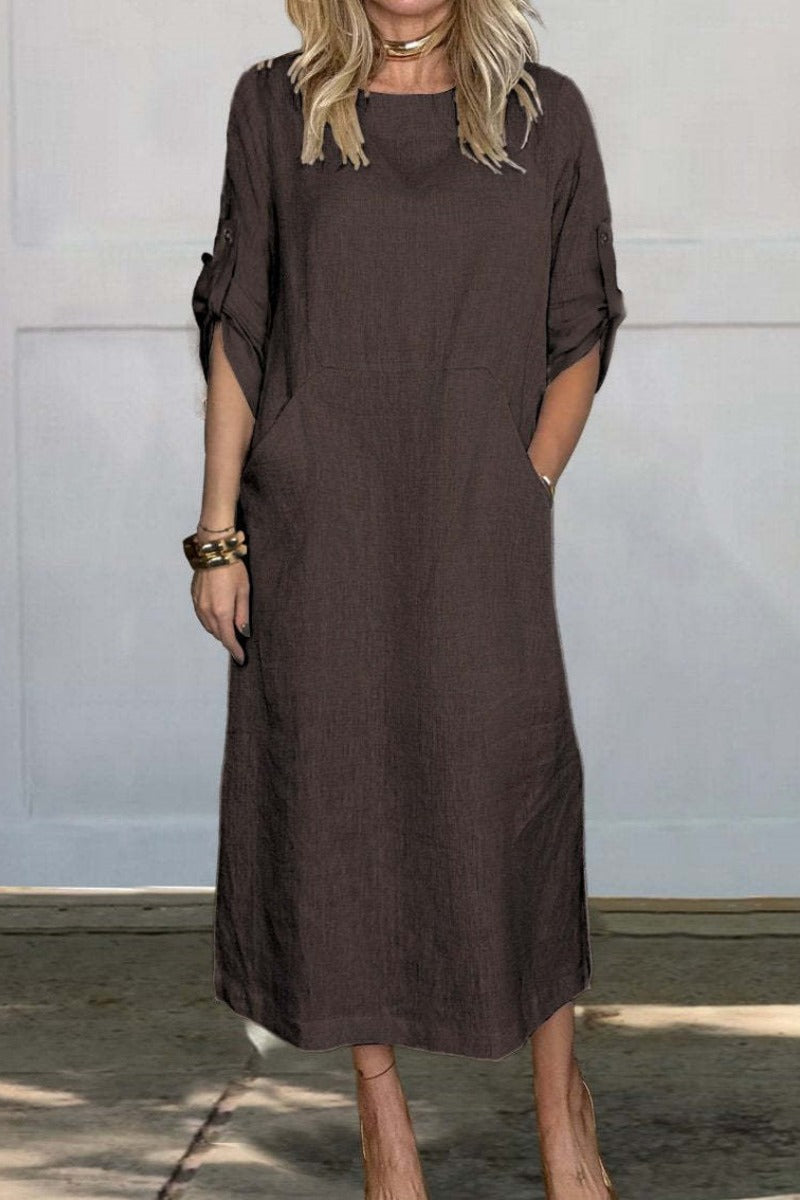 Color Pocket O Neck Long Dresses(7 Colors)