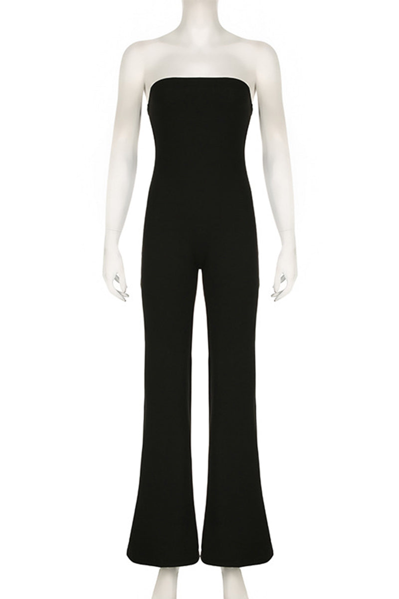 Color Backless Patchwork Strapless Regular Jumpsuits