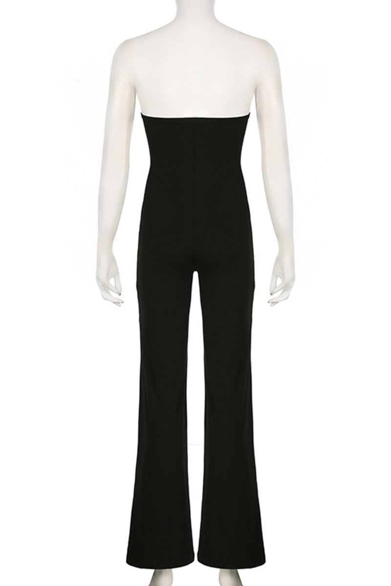 Color Backless Patchwork Strapless Regular Jumpsuits