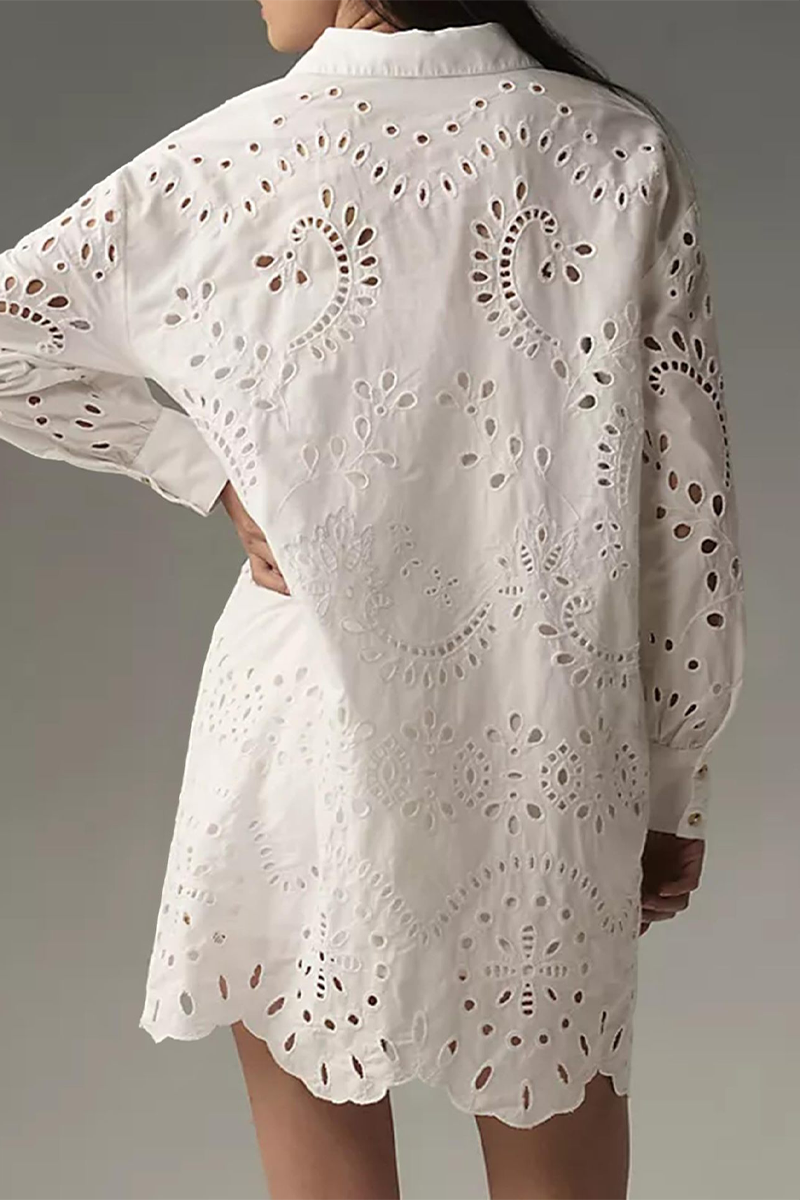 Daily Color Hollow Out Buckle Turndown Collar Blouses(4 Colors)