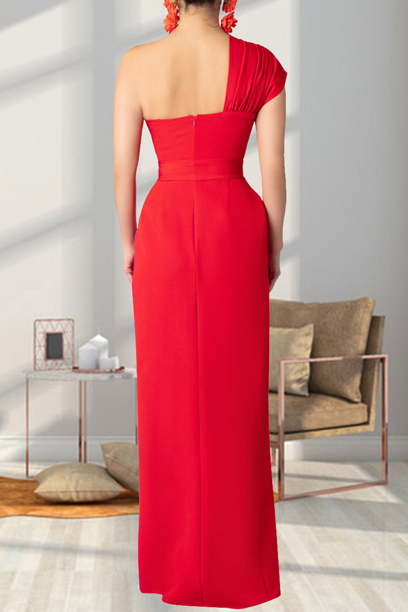 Street Color Backless High Slit Patchwork Contrast Oblique Collar Long Dresses