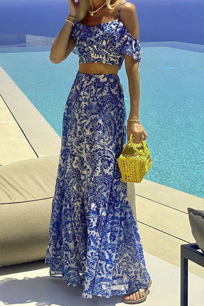 Vacation Print Ruffle Short Sleeve Two Pieces