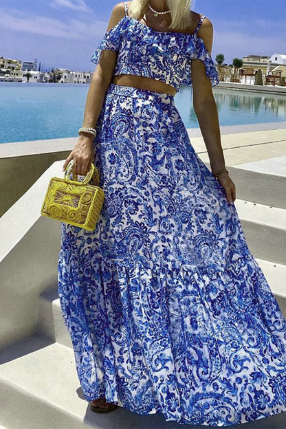 Vacation Print Ruffle Short Sleeve Two Pieces