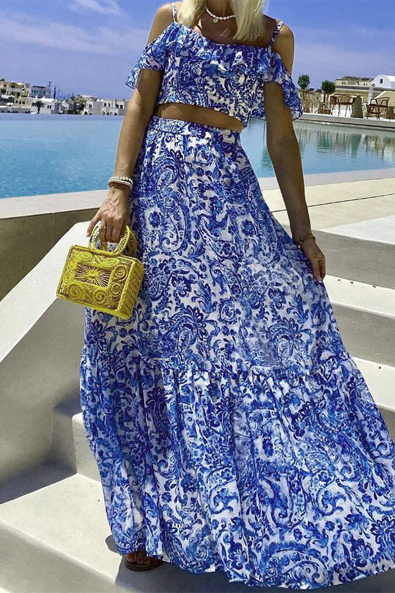 Vacation Print Ruffle Short Sleeve Two Pieces