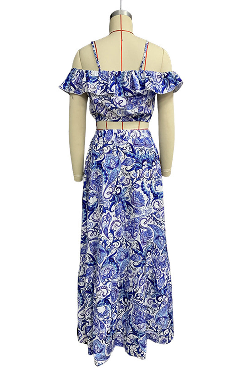 Vacation Print Ruffle Short Sleeve Two Pieces