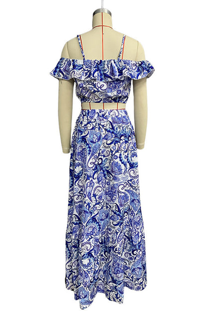 Vacation Print Ruffle Short Sleeve Two Pieces