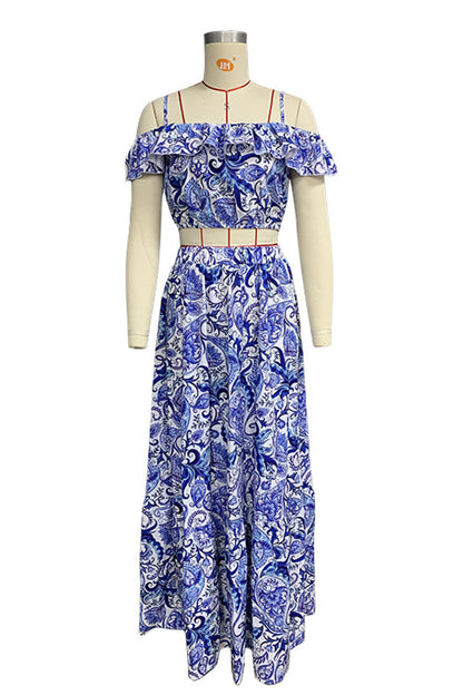 Vacation Print Ruffle Short Sleeve Two Pieces