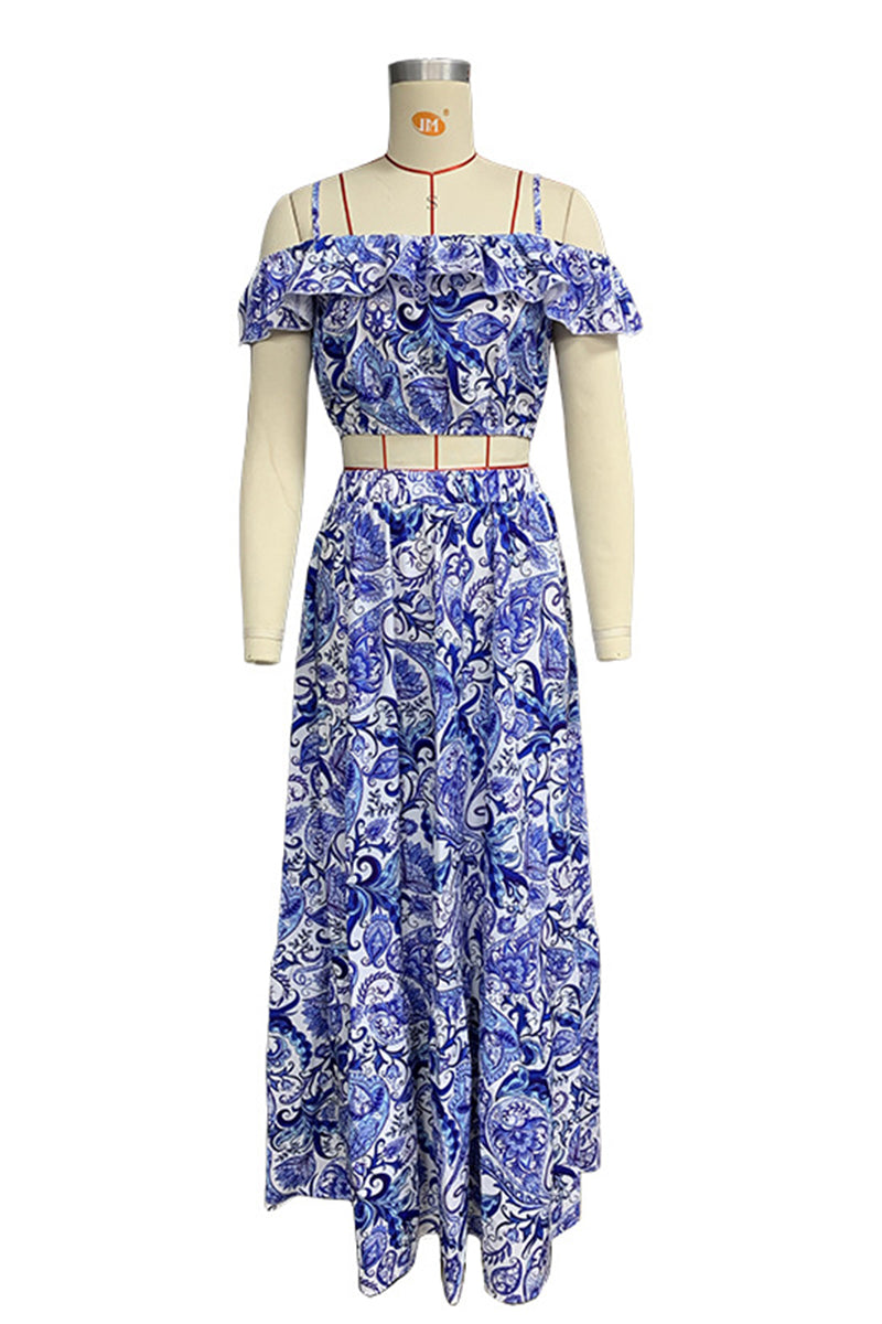 Vacation Print Ruffle Short Sleeve Two Pieces