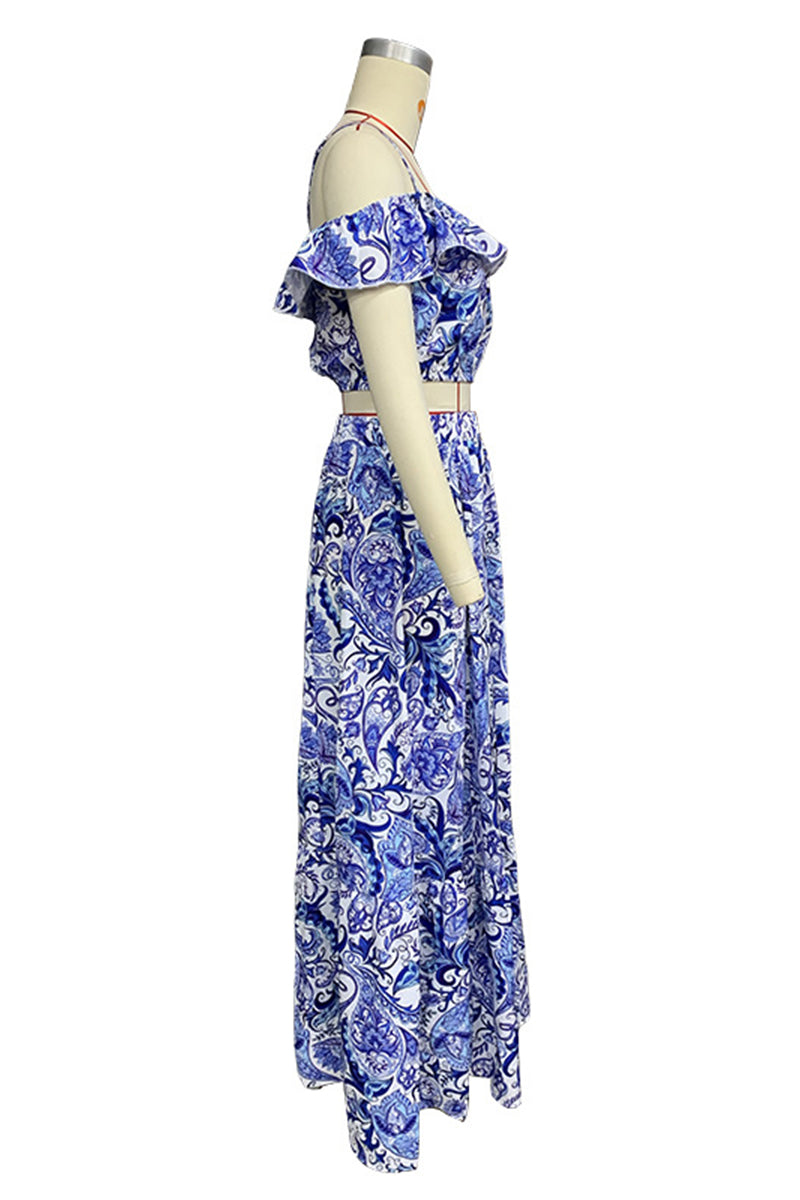 Vacation Print Ruffle Short Sleeve Two Pieces