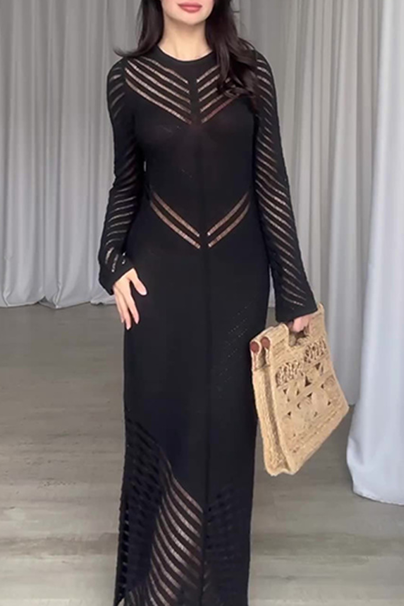 Daily Color Hollow Out Stringy Selvedge O Neck Wrapped Skirt Dresses