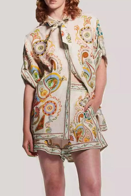 Street Graffiti Print Pocket Turndown Collar Short Sleeve Two Pieces