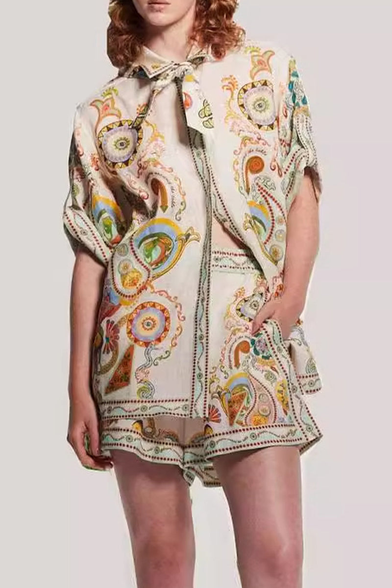 Street Graffiti Print Pocket Turndown Collar Short Sleeve Two Pieces