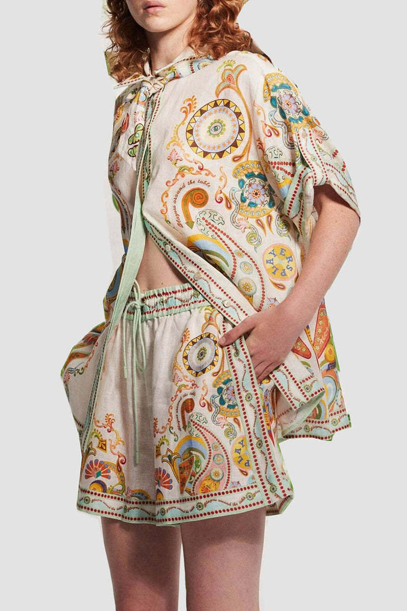 Street Graffiti Print Pocket Turndown Collar Short Sleeve Two Pieces