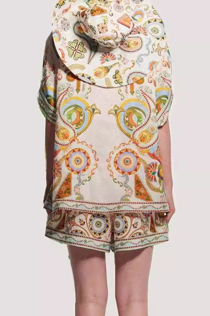 Street Graffiti Print Pocket Turndown Collar Short Sleeve Two Pieces