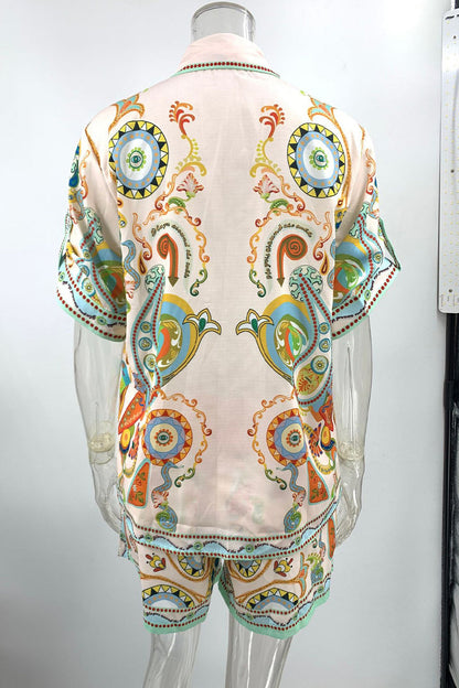 Street Graffiti Print Pocket Turndown Collar Short Sleeve Two Pieces