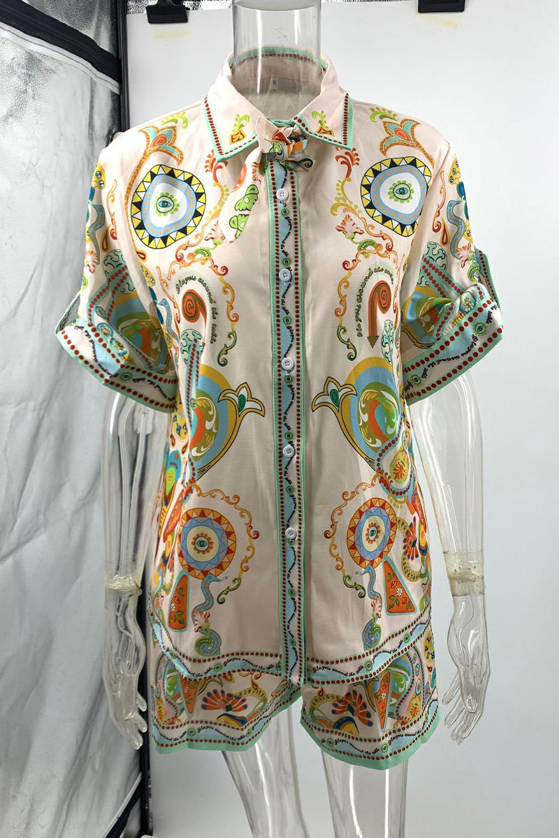 Street Graffiti Print Pocket Turndown Collar Short Sleeve Two Pieces