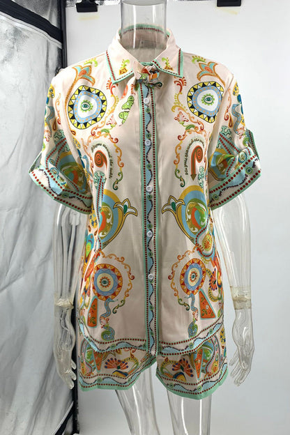 Street Graffiti Print Pocket Turndown Collar Short Sleeve Two Pieces