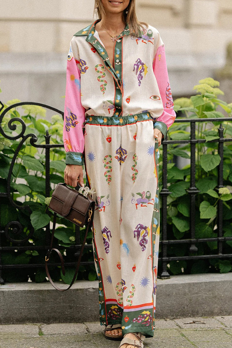 Street Graffiti Print Pocket Patchwork Turndown Collar Long Sleeve Two Pieces