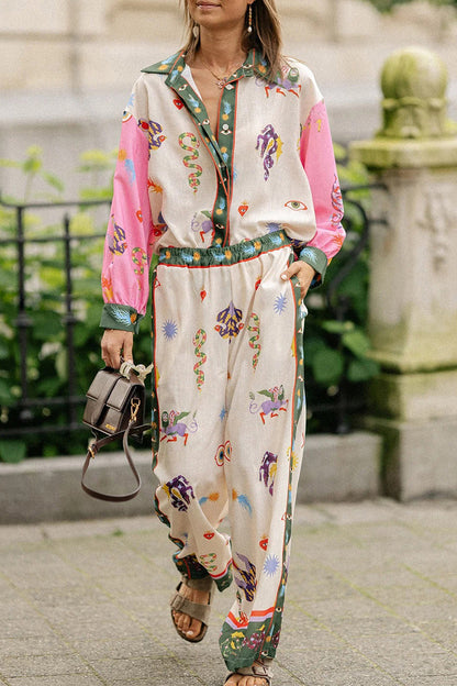 Street Graffiti Print Pocket Patchwork Turndown Collar Long Sleeve Two Pieces