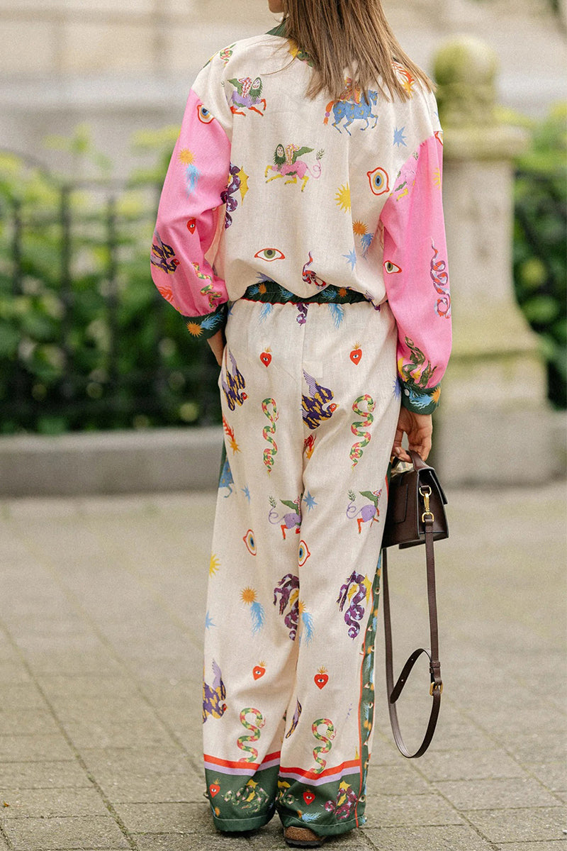 Street Graffiti Print Pocket Patchwork Turndown Collar Long Sleeve Two Pieces