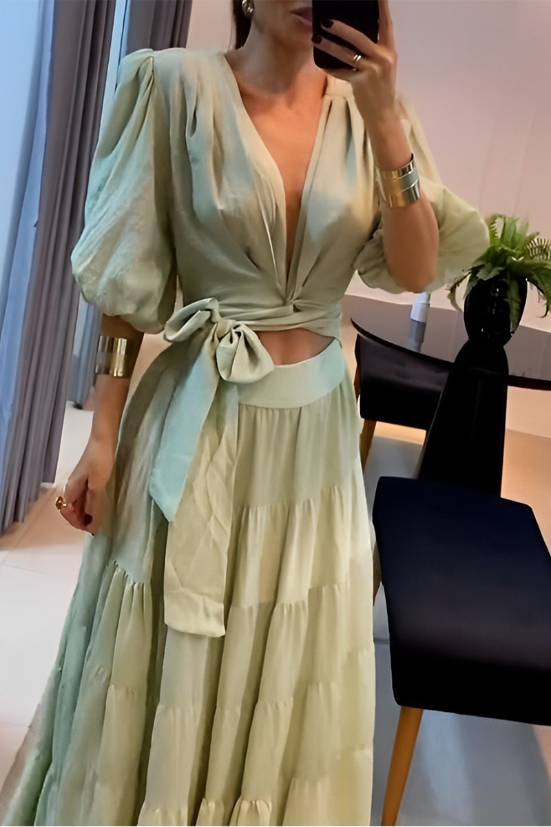 Daily Color Lace Up Ruched V Neck Half Sleeve Two Pieces