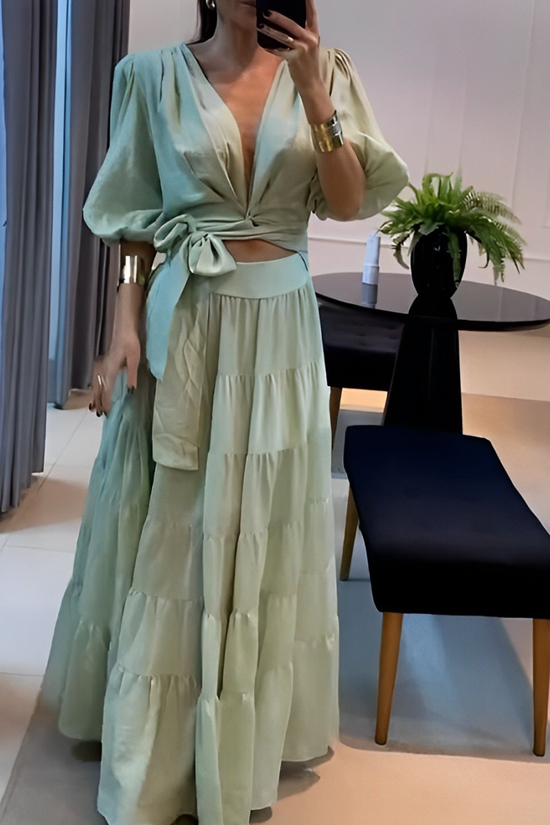 Daily Color Lace Up Ruched V Neck Half Sleeve Two Pieces