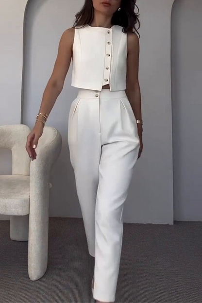 Pocket Buttons O Neck Sleeveless Two Pieces