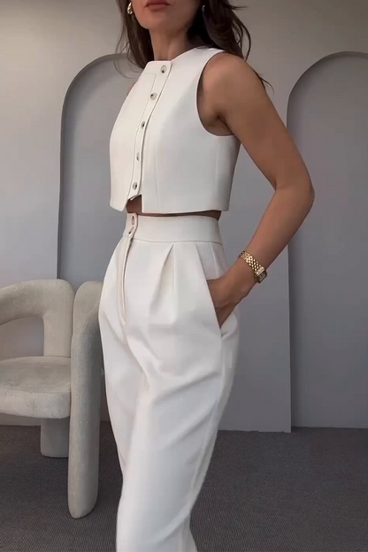Pocket Buttons O Neck Sleeveless Two Pieces