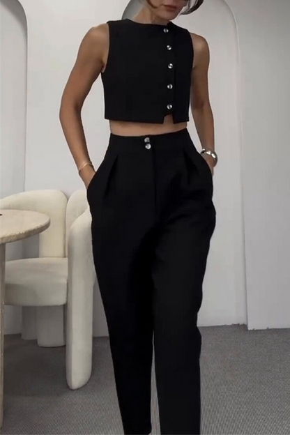 Pocket Buttons O Neck Sleeveless Two Pieces