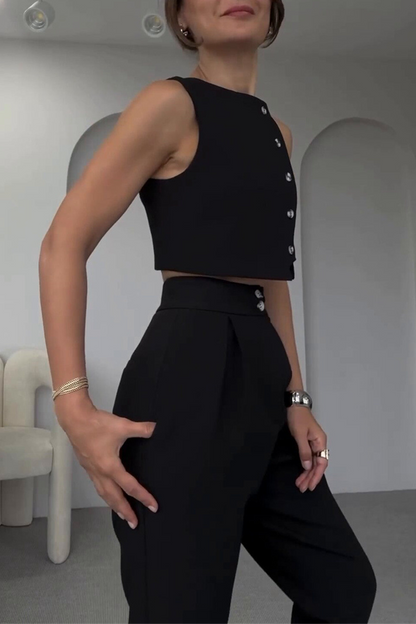 Pocket Buttons O Neck Sleeveless Two Pieces