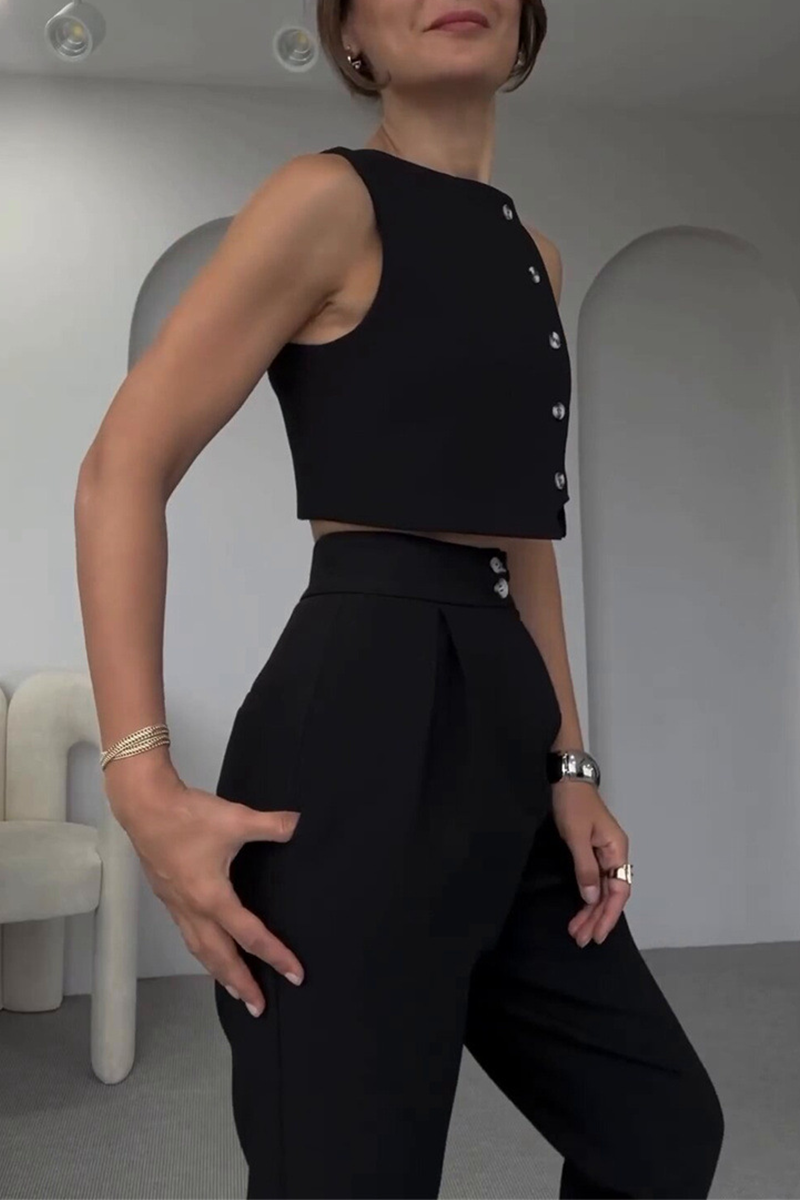 Pocket Buttons O Neck Sleeveless Two Pieces