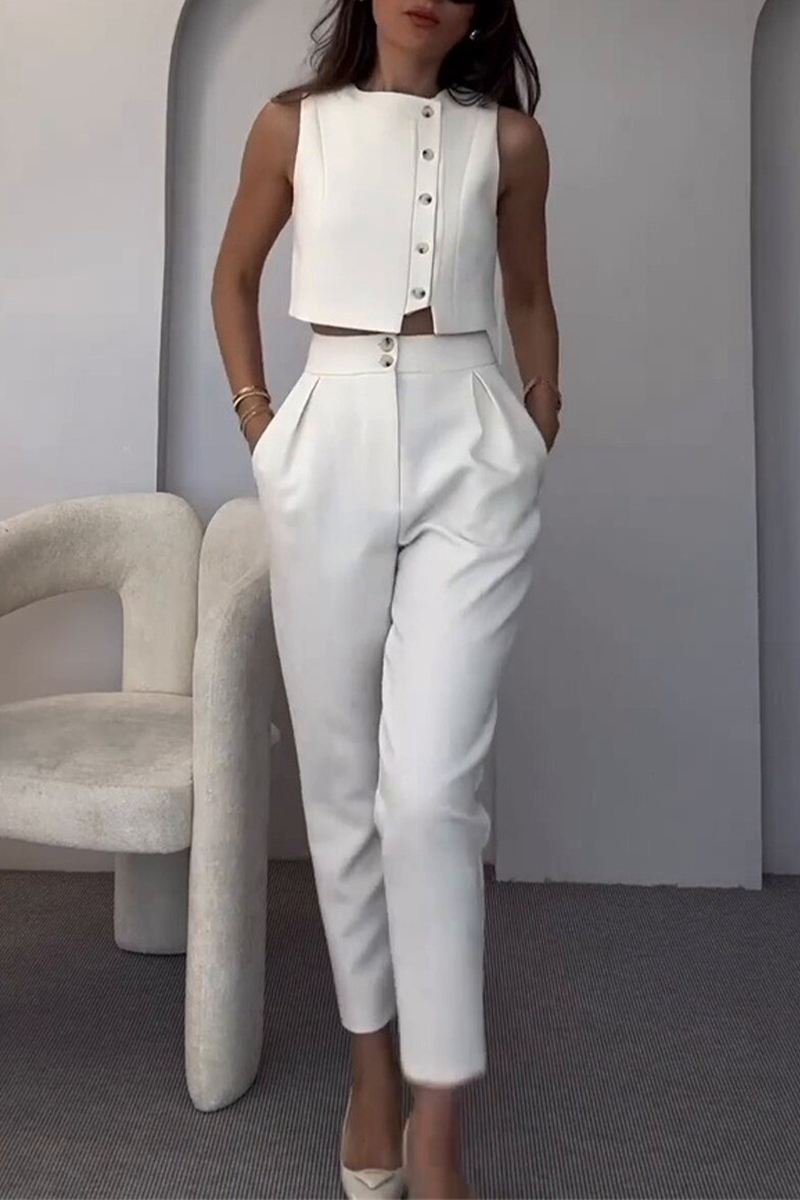 Pocket Buttons O Neck Sleeveless Two Pieces