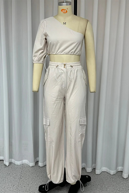 Daily Color Draw String Buttons Irregular Oblique Collar Short Sleeve Two Pieces
