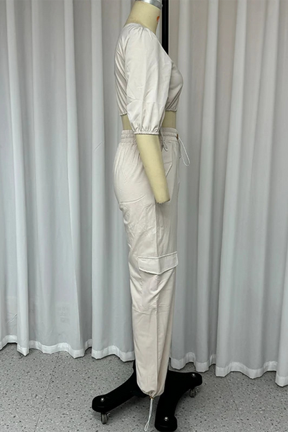 Daily Color Draw String Buttons Irregular Oblique Collar Short Sleeve Two Pieces