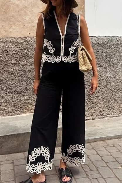 Street Color Embroidered Contrast V Neck Sleeveless Two Pieces